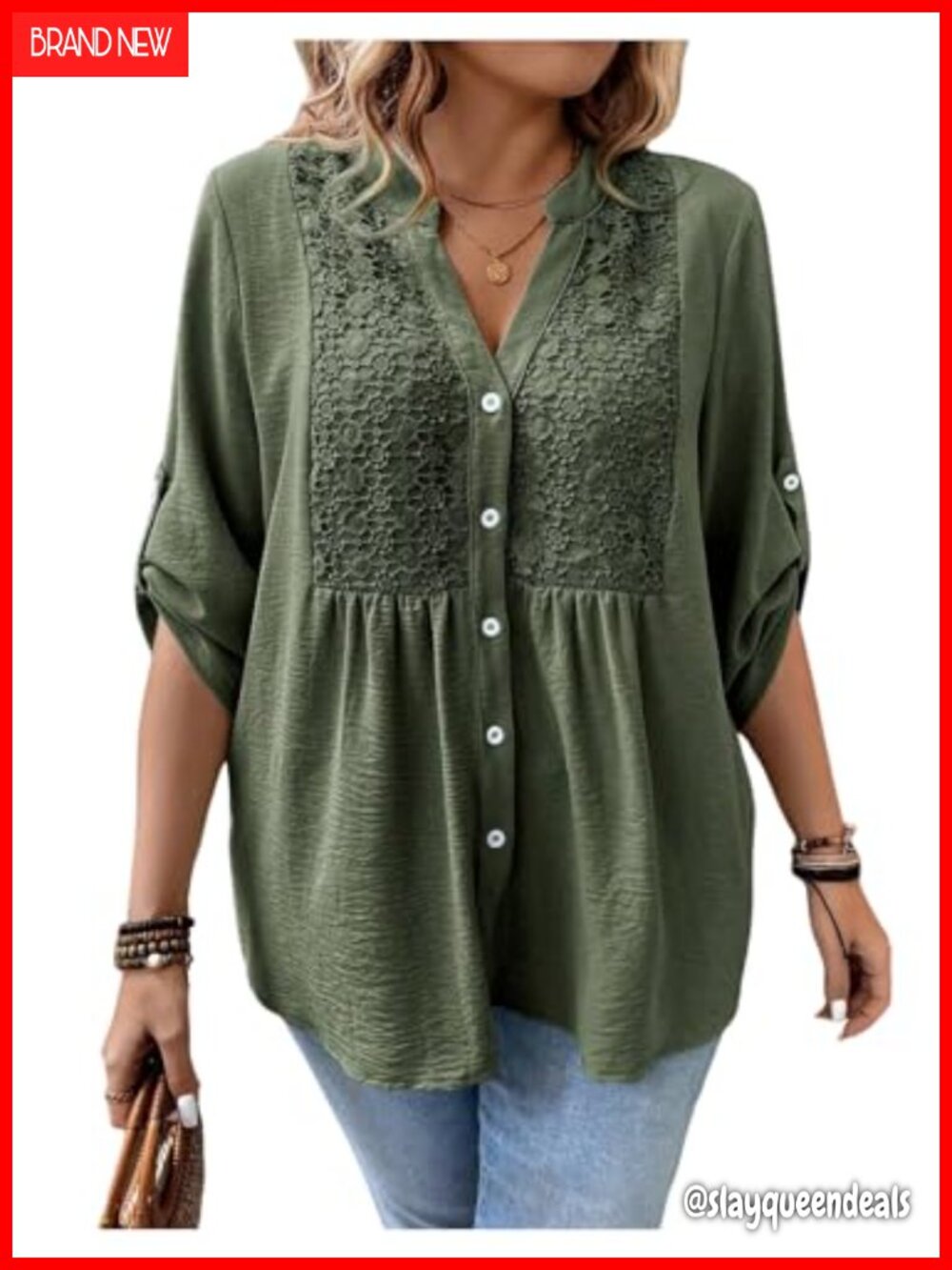 Plus Size Boho Button Down Blouse 3/4 Sleeve Babydoll Peplum Tunic